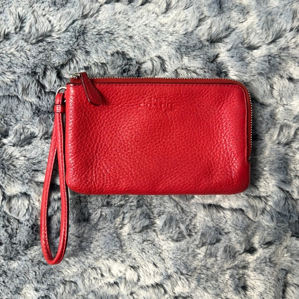 Coach Small Wristlet Red Pebble Leather Double Zip F66505